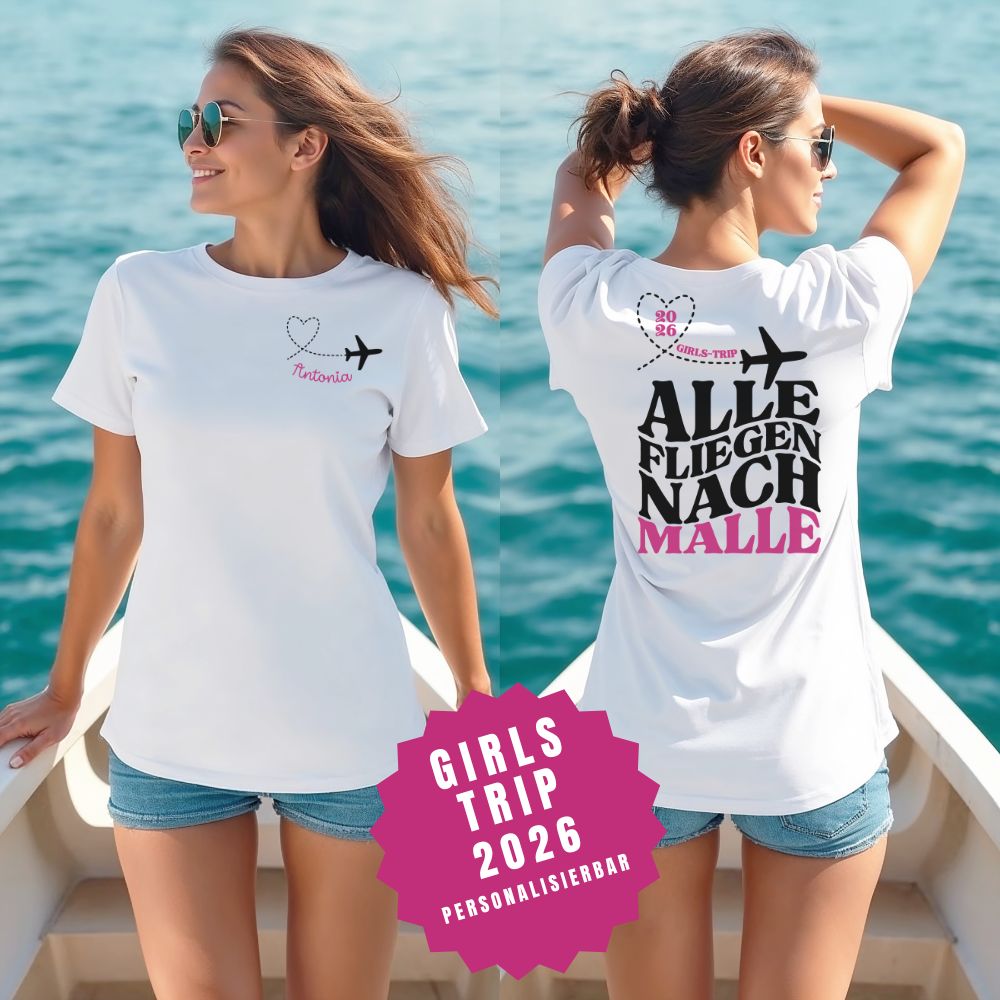 Malle Shirt personalisiert Name, Mädelsstrip Shirts, Abschlussfahrt Frauen Shirt, Mallorca Urlaub, Gruppenshirt, Girlstrip T-Shirt, Freundin