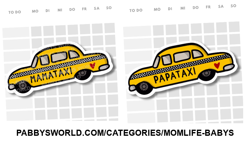 Gestanzte Aufkleber MAMATAXI und PAPATAXI, von Hand gezeichnet von Petra A. Bauer 2026